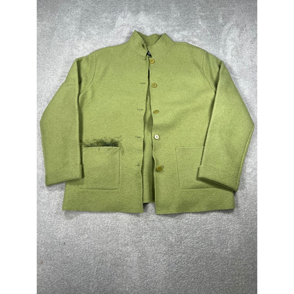 Eileen Fisher Wool Jacket PM Green Mock Neck Button Front Lagenlook Cardigan